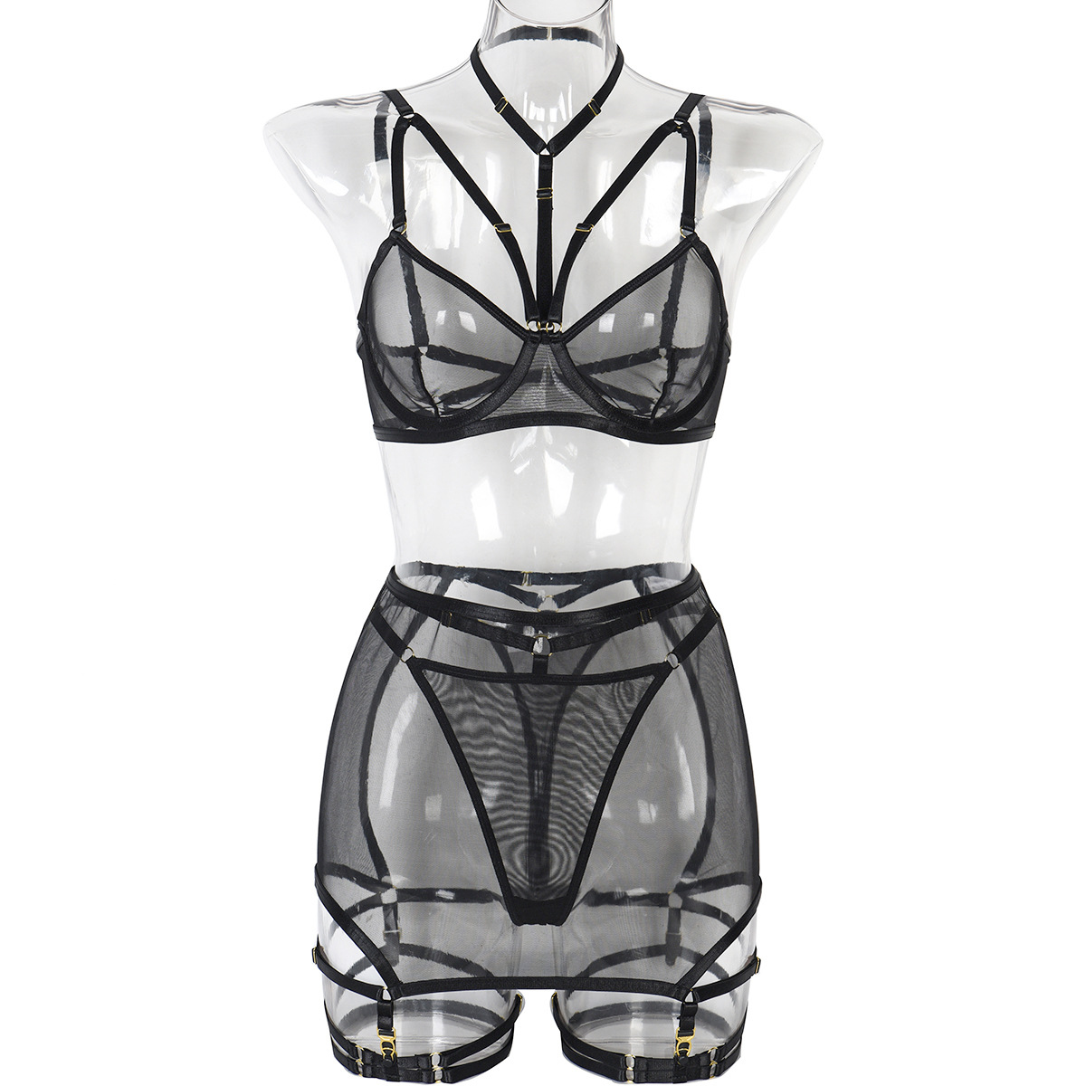 Black Color Sheer Skirted Three Piece Lingerie Set