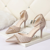 6118-11 European and American sexy light pointed mouth high-heeled shoes nightclub show thin one word with sandals with creases for women's shoes