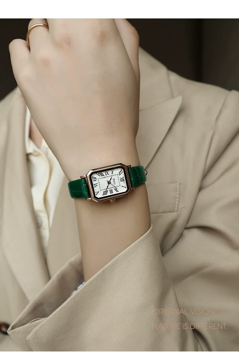 Quartz watch Swiss style, square retro dial, small dial, genuine leather strap