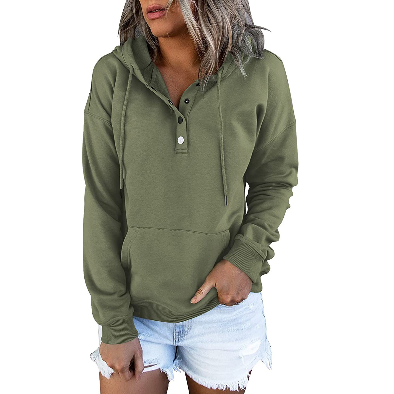 Damen Kapuzen Pullover Lange Ärmel Tasche Taste Lässig Einfarbig display picture 4