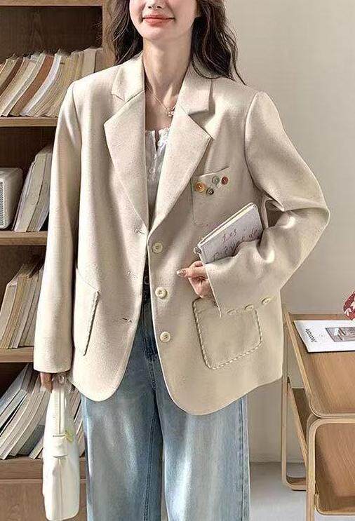 Áo vest nữ dáng suông thanh lịch, tay dài, cổ vest, phong cách công sở — Màu yến mạch (chất lượng cao) chi tiết 7