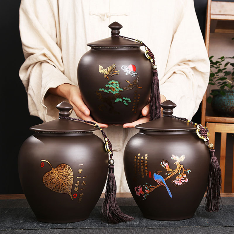 Chinese-style tea storage jar, household large and medium-sized storage jar, moisture-proof jar, flower tea and white tea sealing jar, zisha tea can wholesale