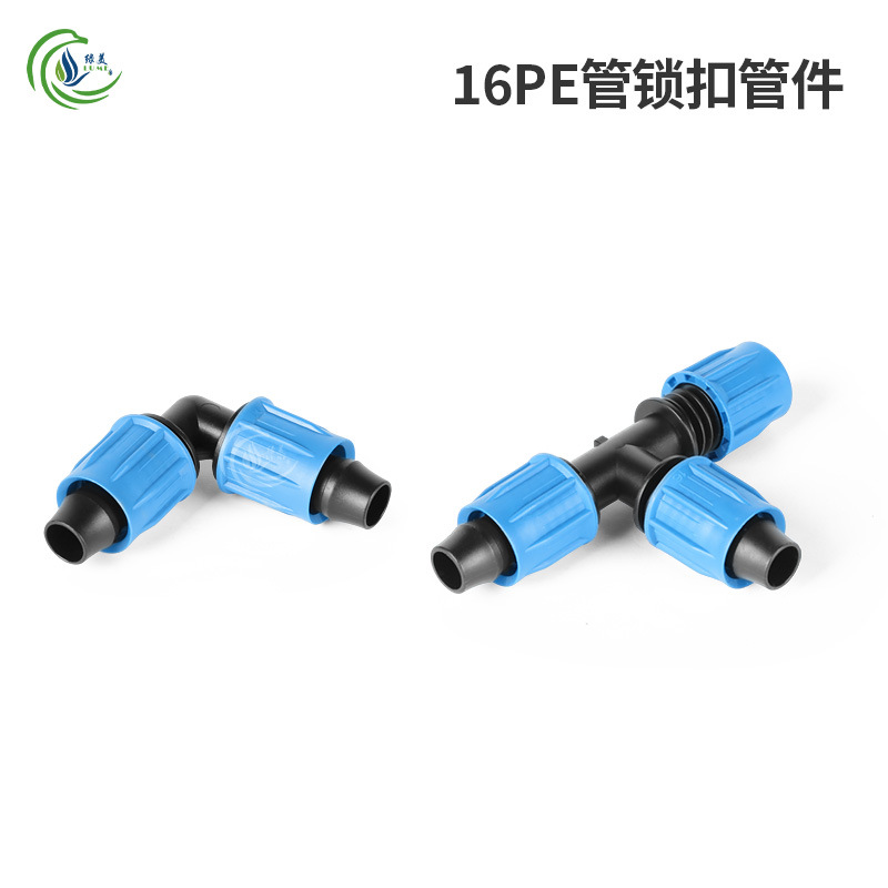 Blue Cap 16 PE tubo de bloqueo a través del codo conector de tapón de microrroyección de goteo tubería de riego accesorios de riego automático