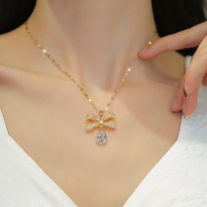 13g Weight PVD Coated Gold Plating Process PVD Coated Real Gold Plated Water Droplets Bow Knot Titanium Steel Copper Elegant Glam Waterproof Non Tarnish Earrings Necklace