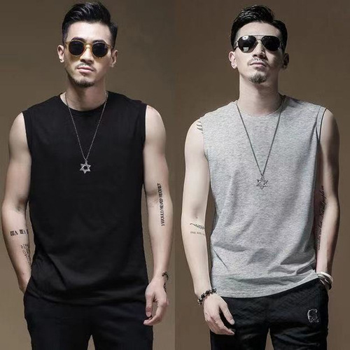 Summer Plain Color Crew Neck Backless Cardigan Men Loose Parka Sports Fitness Sweatshirt Casual Versatile Sleeveless Base T-Shirt