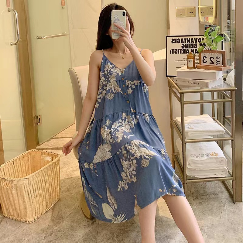 Correa de verano camisón de las mujeres sexy delgada pijamas de seda de algodón artificial desgaste del hogar coreano dulce niña vestido de seda de algodón