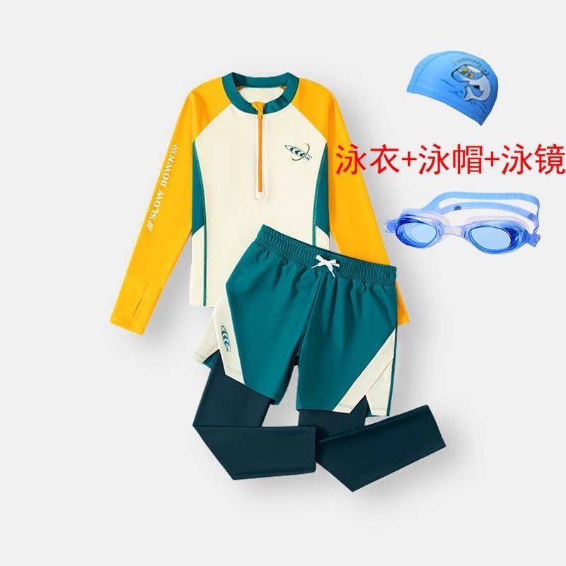 옐로우 스플릿 스타일 + 수영모 + 수영 고글