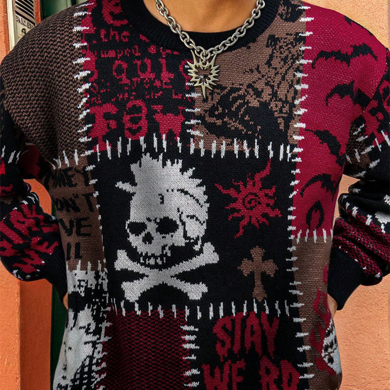 Andrei | Men's American-Style Skull Jacquard Knit Sweater Street Ins Style Loose Versatile Long-Sleeve Top Trendy Andrei | Men's American-Style Skull Jacquard Knit Sweater Street Ins Style Loose Versatile Long-Sleeve Top Trendy