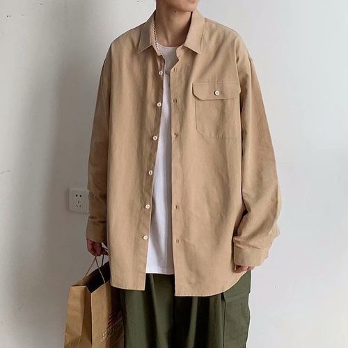 Men's Long-Sleeve Shirt Spring and Autumn Korean Version Casual Trendy Versatile Hong Kong Style Japanese Style Inner Layer Base Shirt Student Collar Youkang