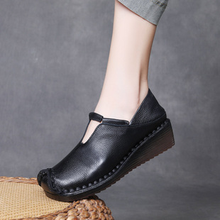 Jishu 2025 Spring New Style Top-Layer Cowhide Wedge Women's Shoes Genuine Leather Retro Two-Wearing Seam Shoes Soft-Sole Shoe Cover for Mother