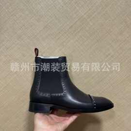 cl andgz红底鞋男鞋黑色牛皮男士铆钉切尔西靴真皮鞋平底短靴子