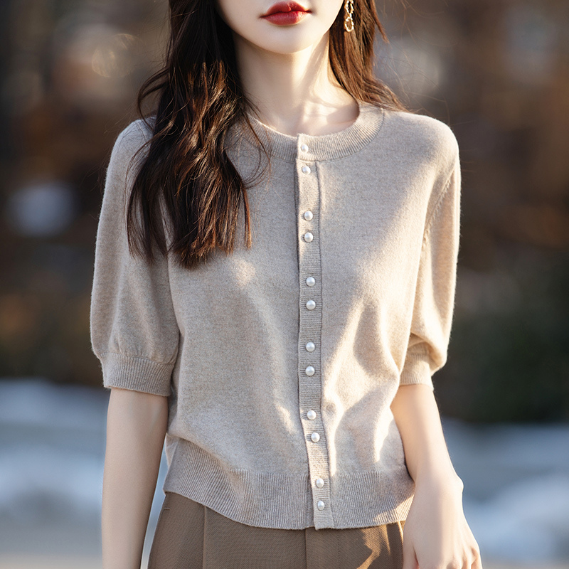 Chanel Style Matching Skirt Short Short-sleeved Knitwear Half-sleeved Thin Sweater T-shirt Top Pearl Buckle Mid-sleeved Cardigan