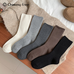 CHEEMY FREE秋季新款双针堆堆女袜简约百搭纯色保暖无骨中筒袜子