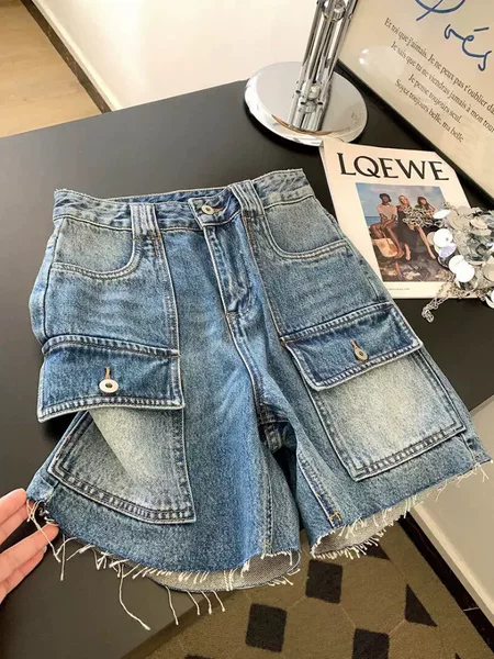 Women's Plus-Size Summer Thin Denim Shorts with Frayed Edges, Large Pockets, Loose Fit, Slimming, Trendy
