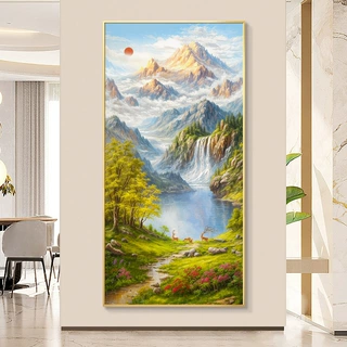 旭日东升聚宝盆入户玄关装饰画走廊过道挂画山水风景正对门壁画