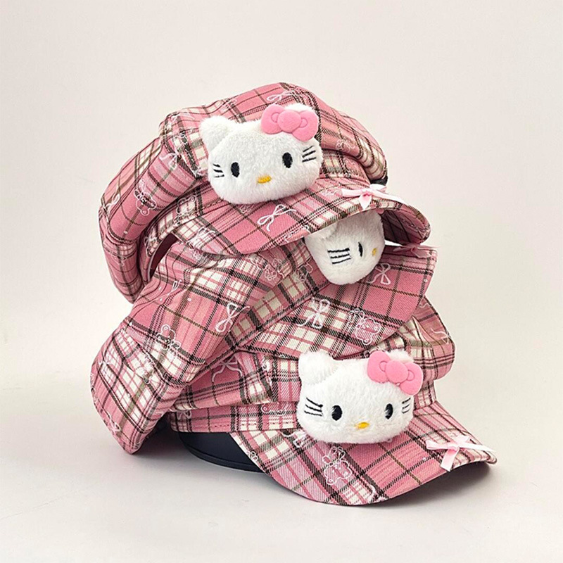 甜美可爱kitty猫蝴蝶结格子贝雷帽女韩系小众显脸小粉色报童帽子|undefined