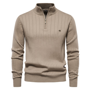 Cross-border stand collar cotton men's sweater casual half zipper solid color pullover high quality foreign trade men's sweater