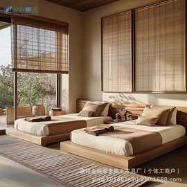 侘寂风大床老榆木复古原木卧室中古落地榻榻米新款多功能沙发床