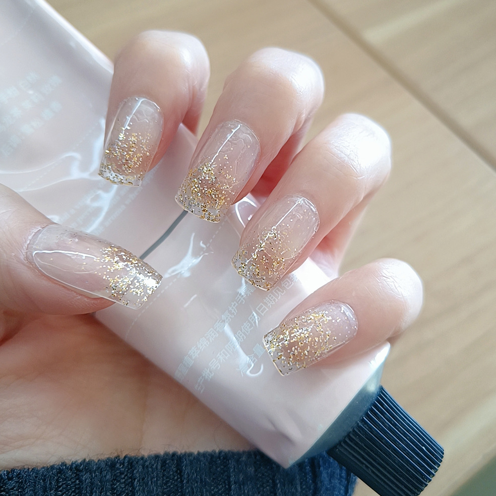 Hot sale champagne oro polvo de brillo para usar uñas de estilo francés 24 piezas brillo corto uñas falsas al por mayor