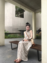 度假风重工手工串珠条纹背心连衣裙2025夏季新款宽松A字长裙女潮