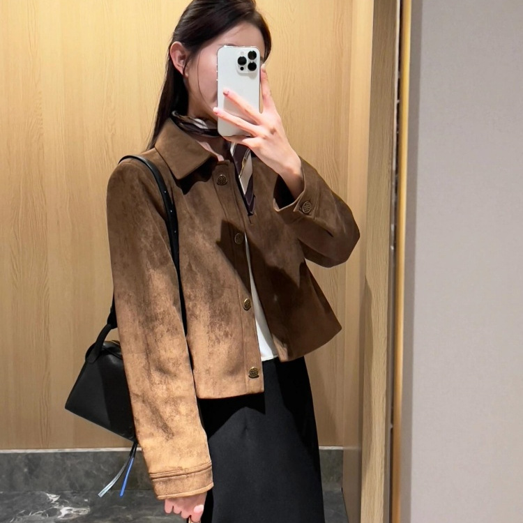 Retro Imitation Suede Short Jacket for Women, Autum 2026 New Fashion Single-Breasted Loose Brown Jacket Top