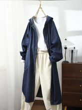 秋季新款单排扣中长款长袖连帽风衣女休闲牛仔深蓝长款外套