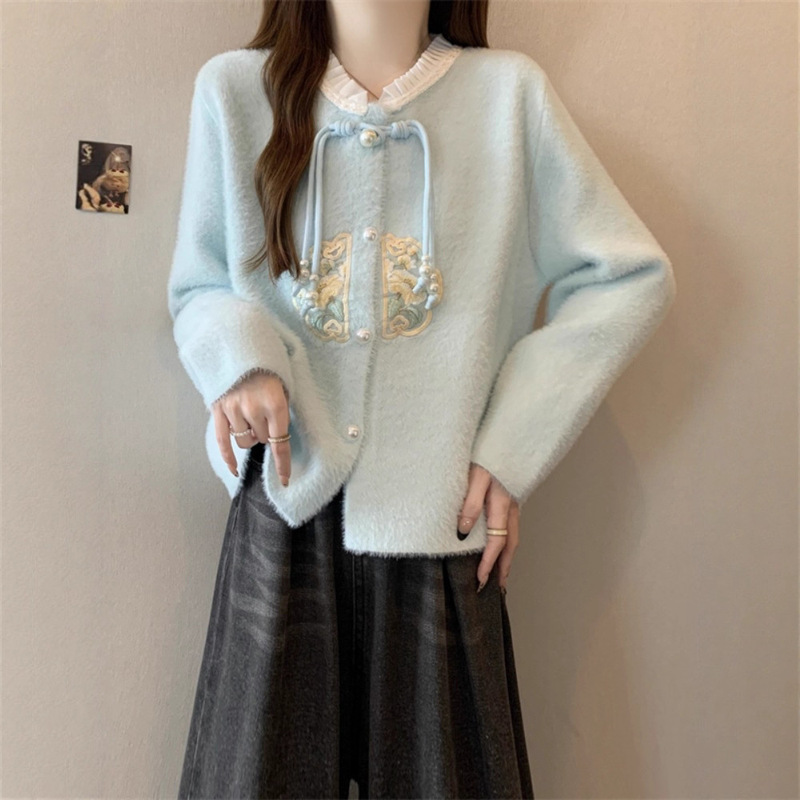 Short Chanel-Style Knitted Cardigan Sweater for Women, Autumn and Winter, Plus Size, New Chinese Style Embroidered Top