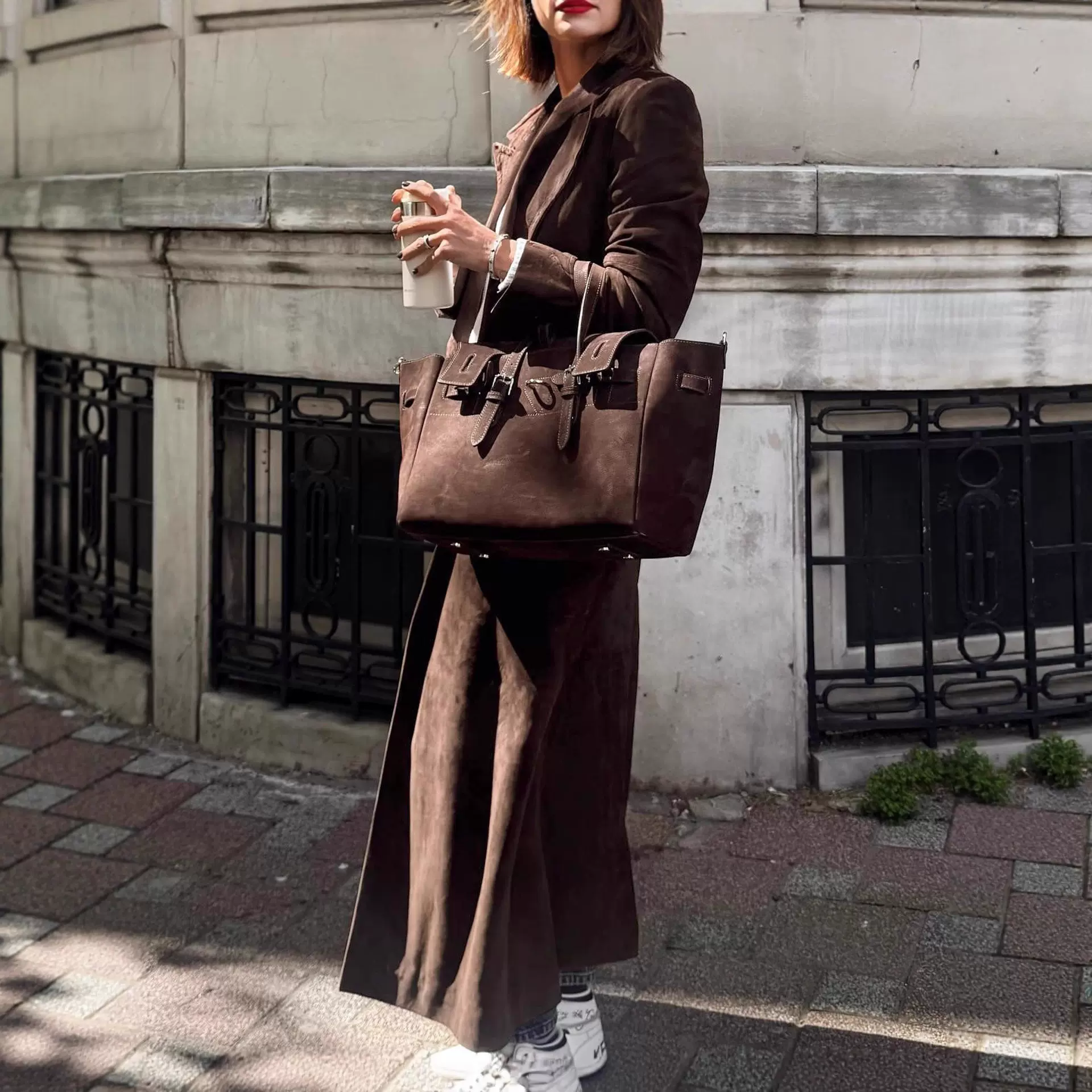欧美秋冬女装女式复古大衣气质棕色系带收腰长款外套欧美风