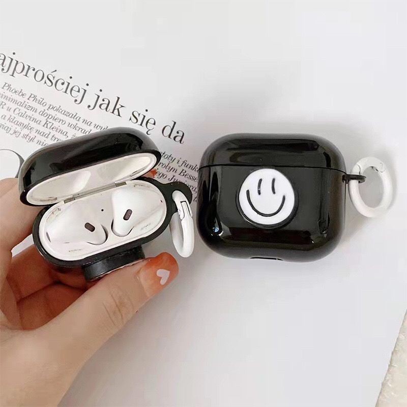 Aplicable a Apple personalidad blanca sonriente suave caso negro AirPods4 caso de auriculares bluetooth 2 generación 3 generación simple moda