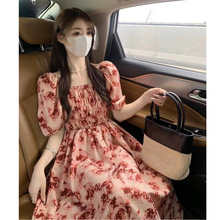 法式晕染玫瑰红花连衣裙夏季日系女装褶皱休闲A字收腰短袖中长裙