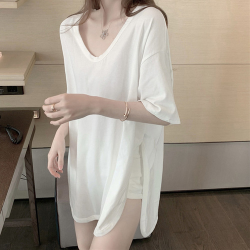 Cotton Asymmetrical Split U-neck Short-sleeve T-shirt for Women - Summer Loose Korean Style Medium-length Large Collar Top Trendy