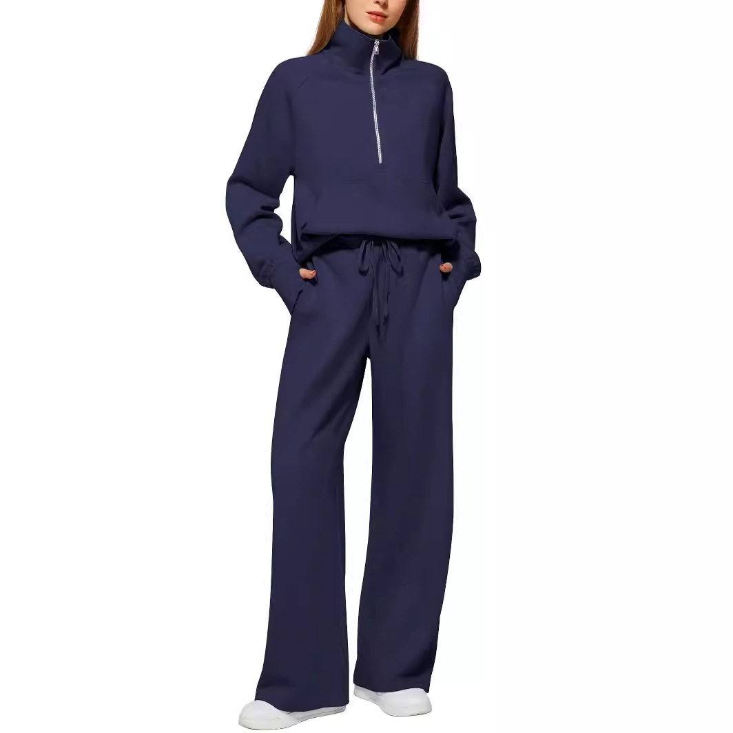 Zweiteiliges Damen-Set im europäischen und amerikanischen Stil 2024: Oversize-Sweatshirt mit halbem Reißverschluss und weit geschnittene Jogginghose – ein lässiges Outfit_voghion.com