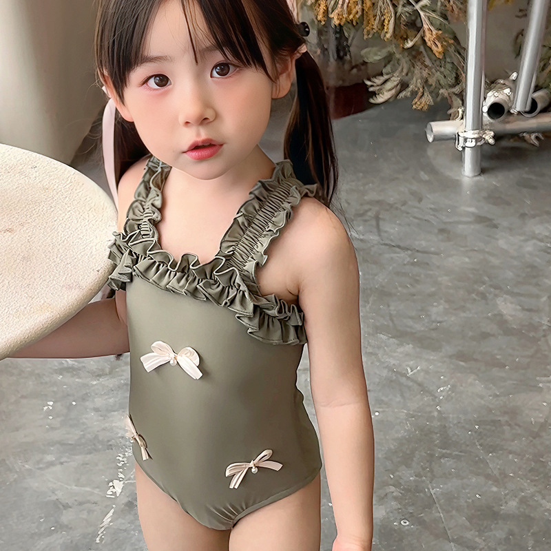 Children's Swimwear Baby Girl's Swimwear Cute New 2024 Girl's Three Bows Sling Triangle One-piece Swimming