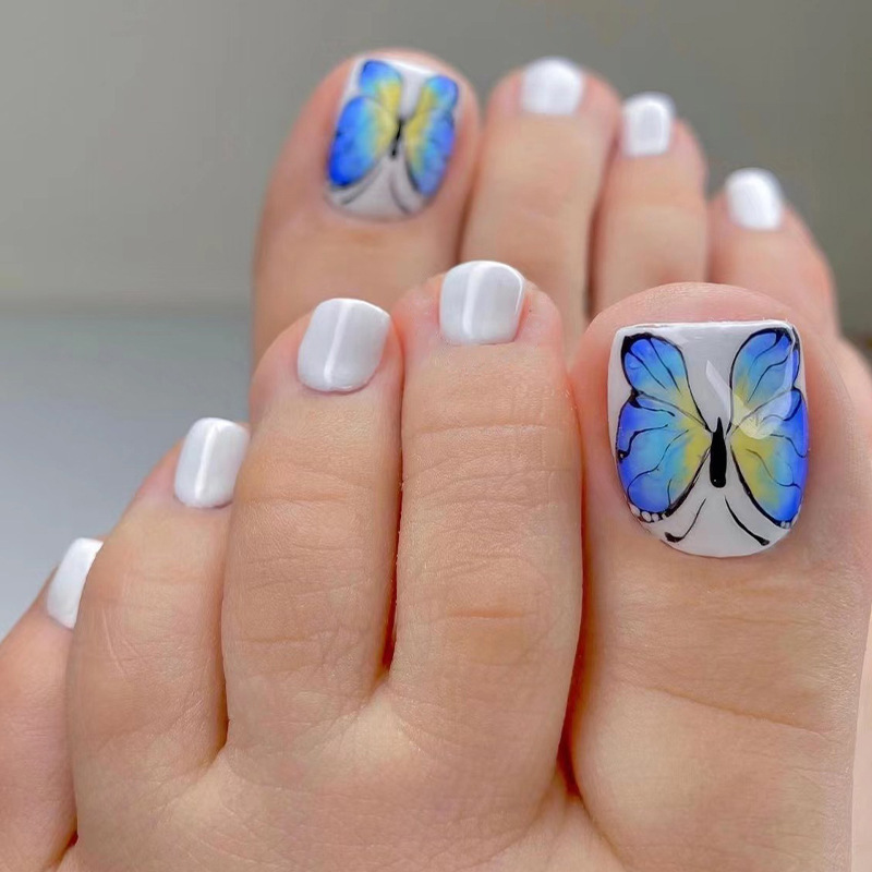 Cross-border foreign trade 24 pieces boxed white blue butterfly manicure manicure wholesale nail nails toe nails Cross-border foreign trade 24 pieces boxed white blue butterfly manicure manicure wholesale nail nails toe nails