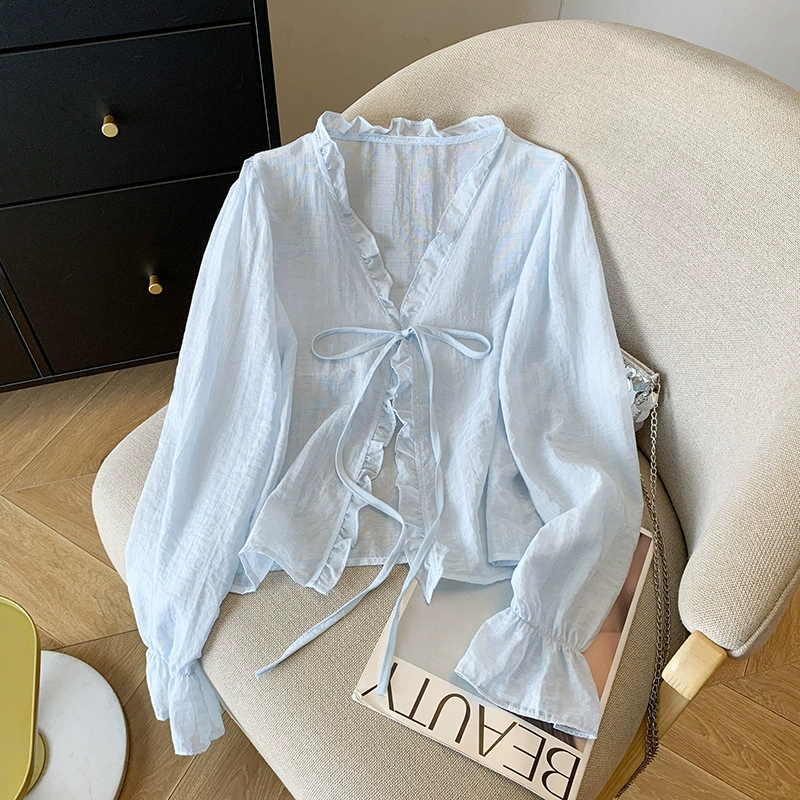 Реальный снимок новых милых кружевных топов для женщин, весна-лето 2025, свободный дизайн с бретелями, солнцезащитная рубашка-жакет для женщин