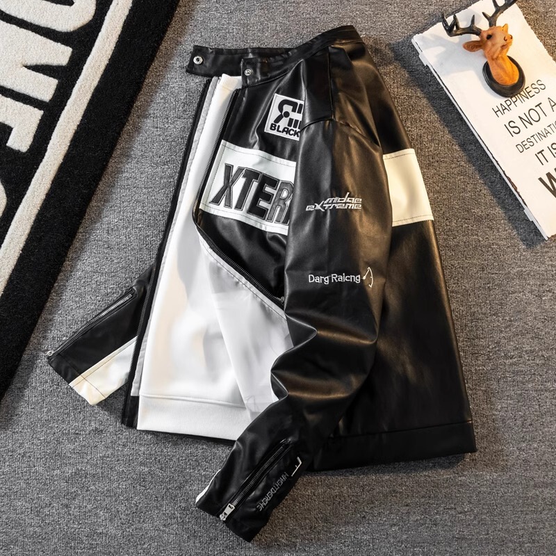 American Style Retro Letter Leather Biker Suit Men's Baseball Suit Spring and Autumn Vertical Collar Jacket Coat Home Figure# PU05 American Style Retro Letter Leather Biker Suit Men's Baseball Suit Spring and Autumn Vertical Collar Jacket Coat Home Figure# PU05