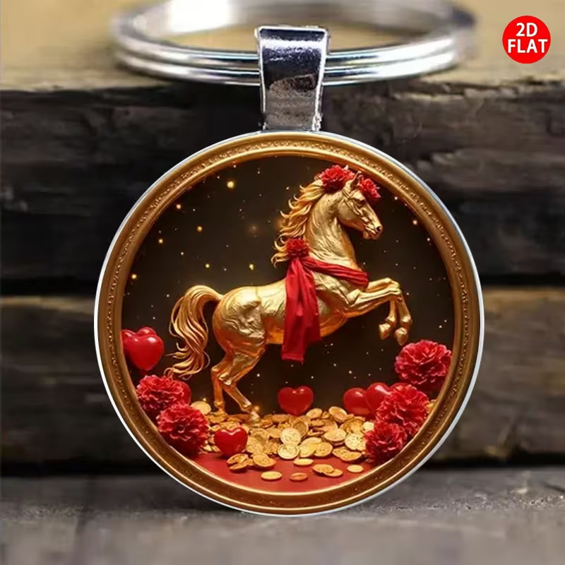 Lucky Golden Horse Keychain with Red Heart and Gold Coin Pendant Round Glass Hanging Decoration Bag Accessories