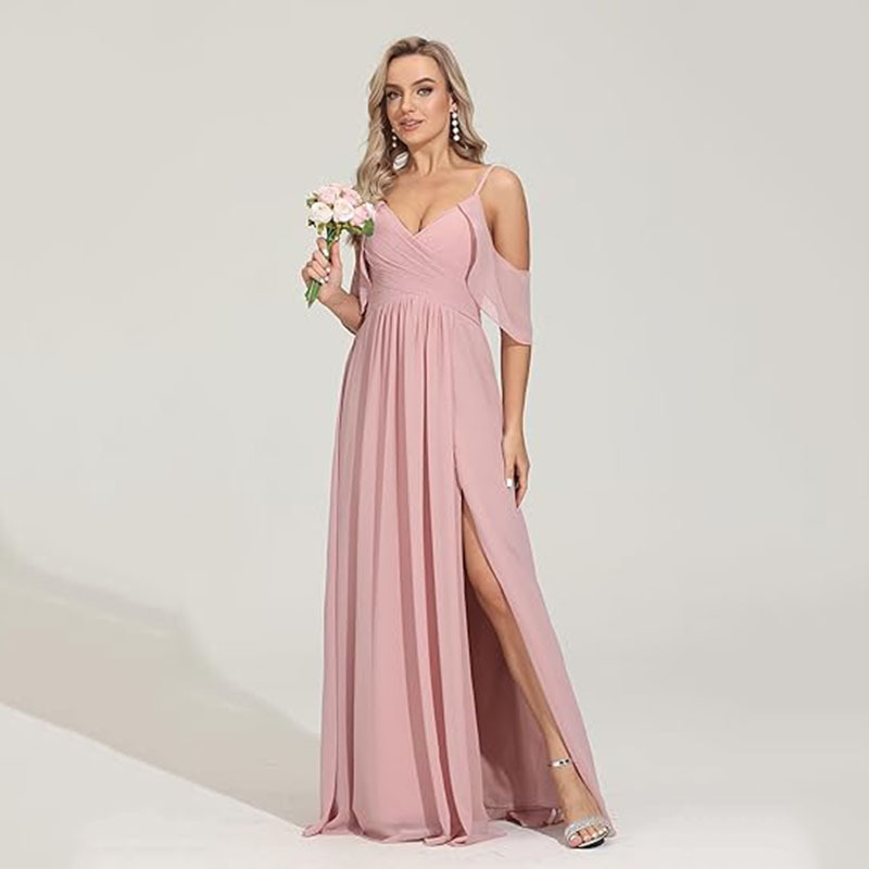 Foreign Trade Evening Dress 2025 New Women's Shoulder Bridesmaid Dress Long Chiffon Pleated Formal Dress with Split
