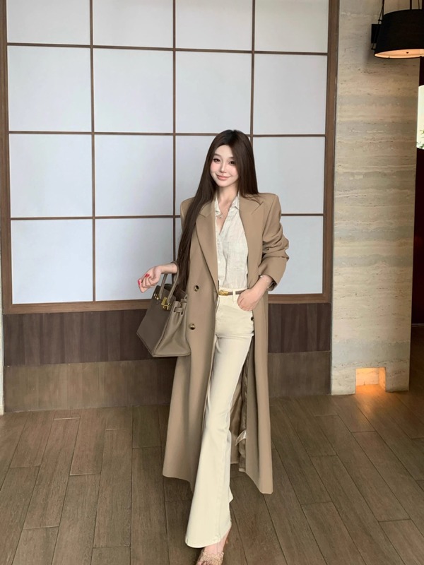 巧克少女英伦风双排扣长袖风衣女装秋季新款宽松休闲正肩长款外套|undefined