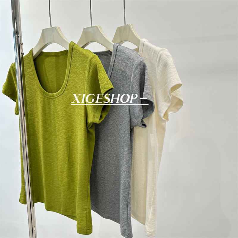 Summer Lanjing Tencel U-neck Slim-fit Stretch Short-sleeved T-shirt Women's Comfortable All-match Solid Color Slimming Top T-shirt Base