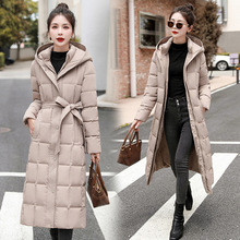 棉衣女中长款冬季新款修身显瘦气质优雅腰带款连帽纯色防寒服棉服