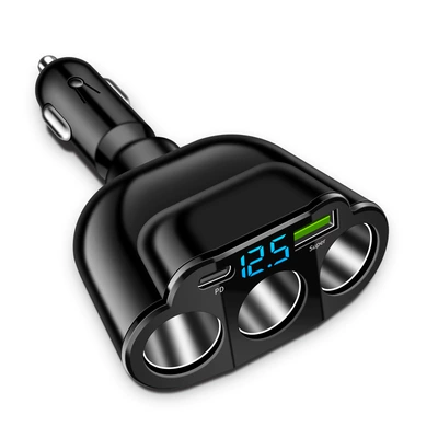 New digital display car fast charging dual USB car charger car one drag three cigarette lighter 66W car multifunctional charger (Mobil şarj cihazları) - m11-pdsuper-rotating-three-barrel-cigarette-lighter-with-packaging