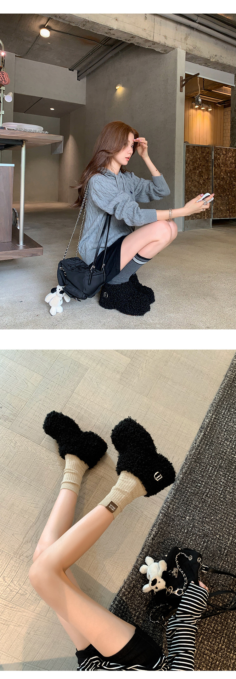 Dép bông Birkenstock đế trong siêu dày nữ, lót lông cừu ấm áp, mũi nhọn len cừu, form bao bọc — Lớp lót nhung đen, Lớp lót nhung màu nâu, Lớp lót đơn màu trắng nhạt, Màu đen một lớp chi tiết 15