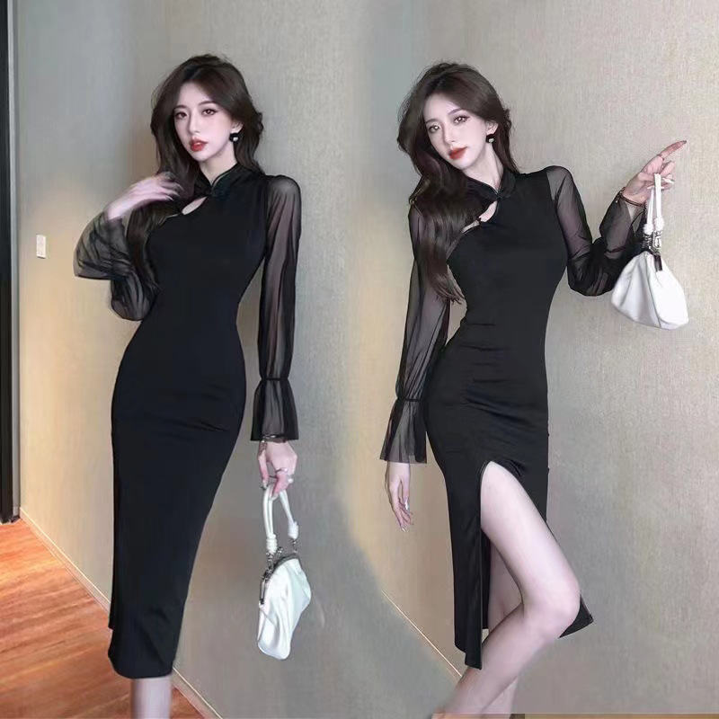 秋季新款国风气质日常改良旗袍设计感修身连衣裙女长袖收腰包臀裙