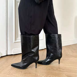 外贸定制女款2025年欧美新款中跟细跟大码尖头一脚蹬短靴