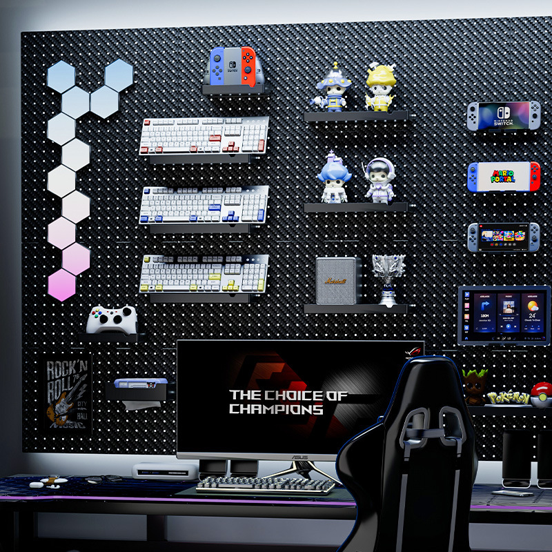 DIY No-Drill Wall Storage Pegboard Punk Style Gaming Room Shelf Headphone Keyboard Storage Rack Partition