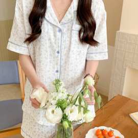 实拍夏装新款棉睡衣女甜美小碎花包边休闲翻领短袖短裤套装家居服