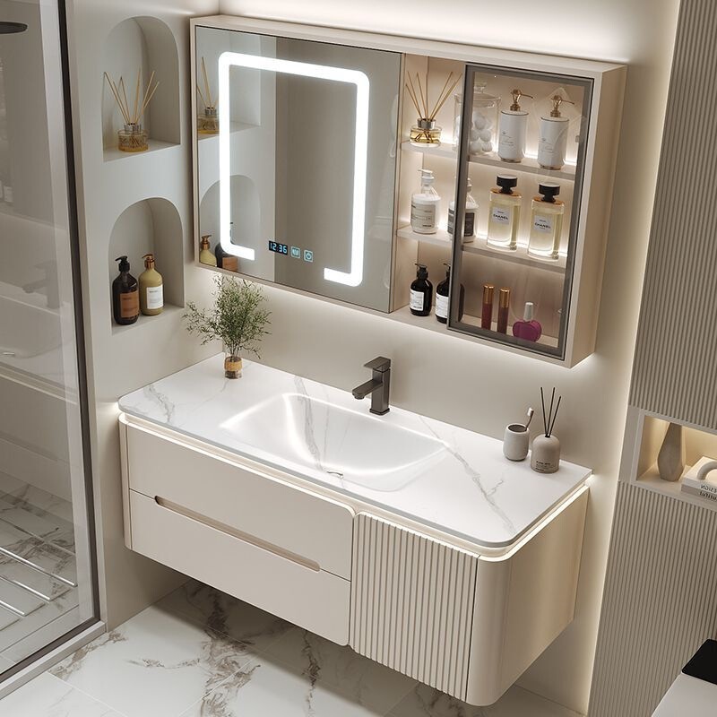 Cream-Colored Bathroom Cabinet with Integrated Stone Countertop and Hot-Bent Basin, Integrated Sink, Bathroom Cabinet with Rounded Corners