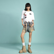 特价68元不退换 拓谷女装流苏徽章短袖t恤女夏季潮牌短款露脐上衣