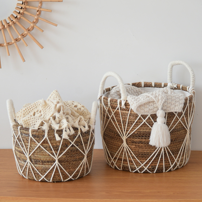 Cestas de almacenamiento de ropa sucia nórdica juguetes domésticos trenzando cestas de tela de paja con forro de tela canasta sucia decoración residencial